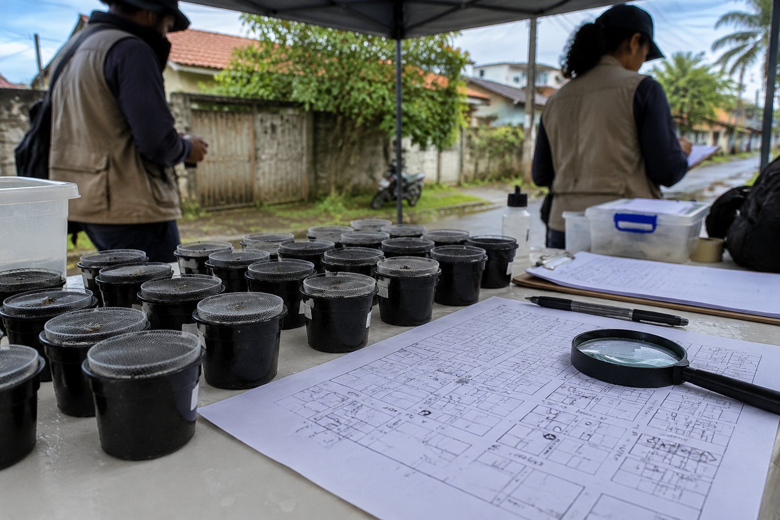 Outdoor vector-control table under shade cloth: rows of small egg-release cups with mesh lids, a hand-drawn block map, a magnifying lens